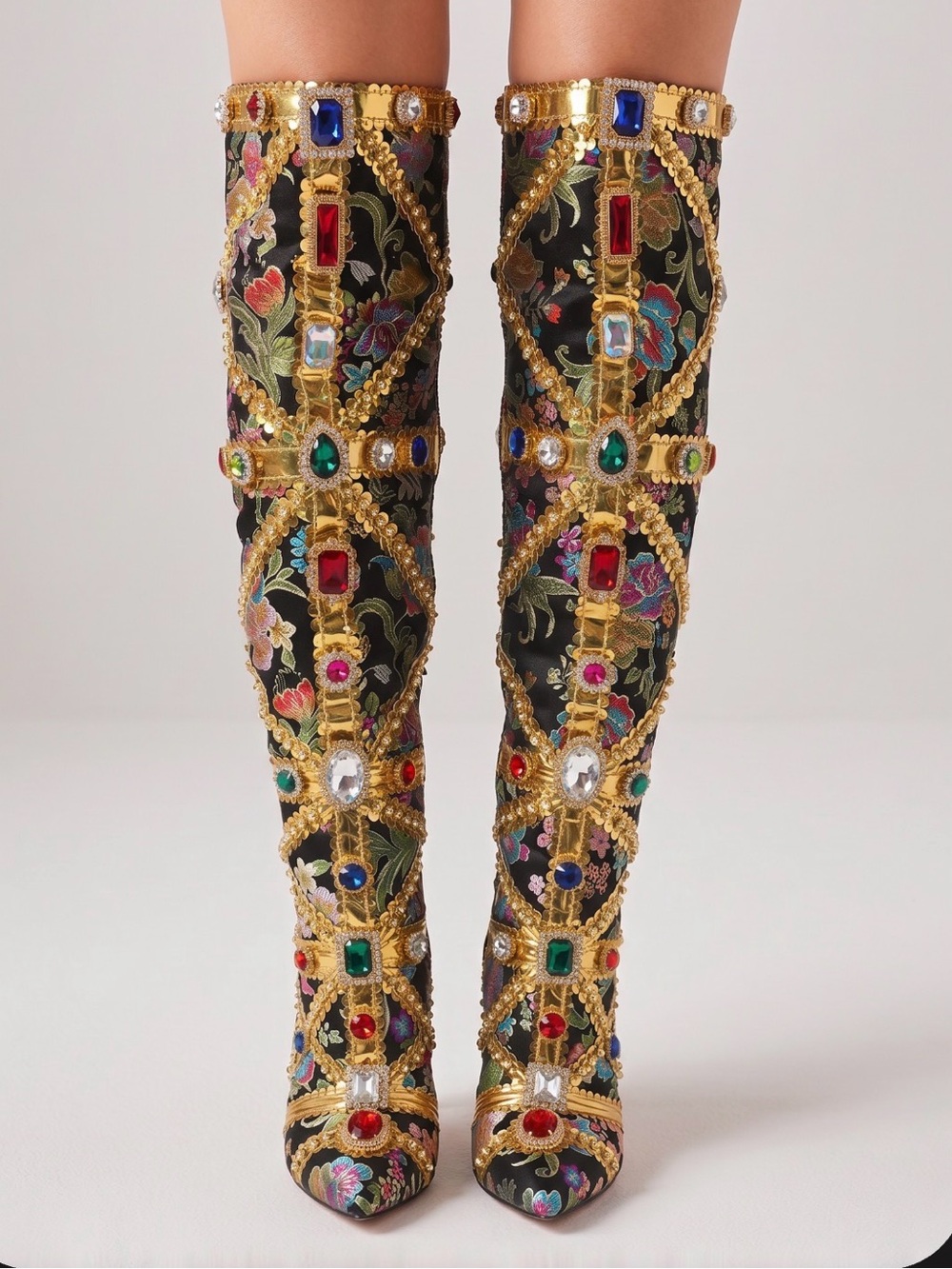 Embellished Black Floral Knee-High Heeled Boots - Picture 6 of 6